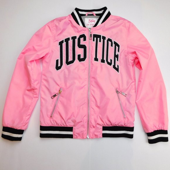 Justice Youth Girls 10 Spellout Justice Pink Black Bomber Jacket - Picture 1 of 9